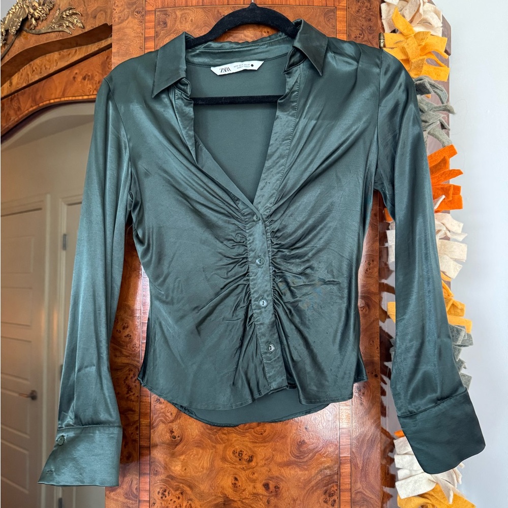 Zara Dark Green Satin Ruched Button-Front Blouse